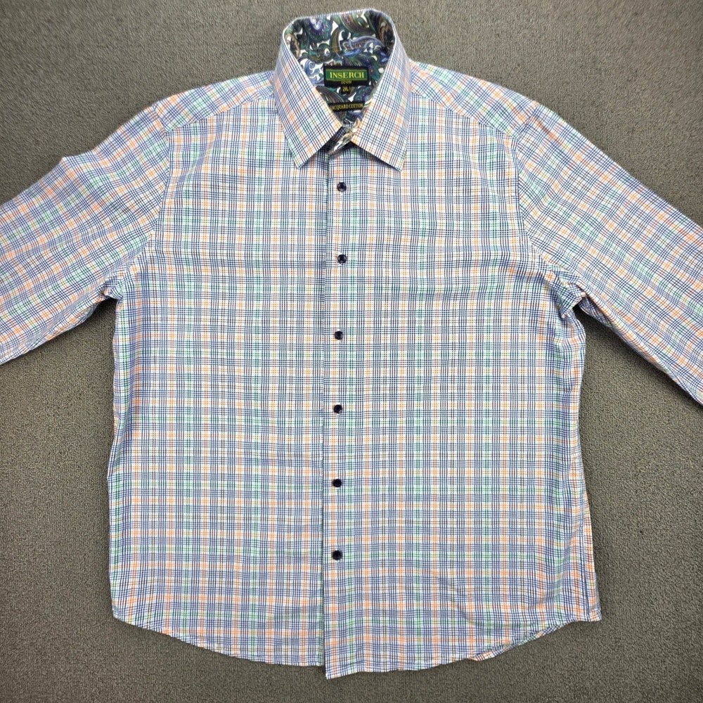 Inserch Icon Button Down Shirt‎ Mens Blue Orange Plaid Jacquard Cotton 2XL - Picture 2 of 8